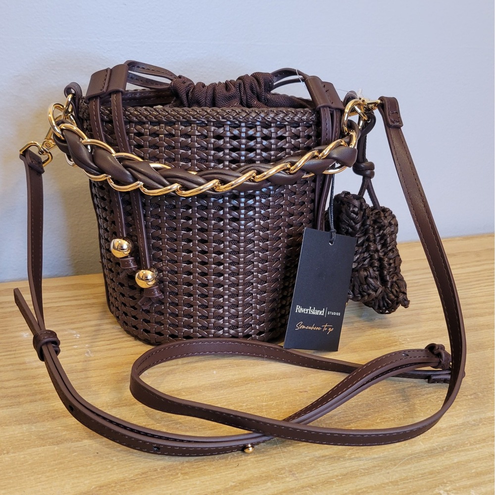 NWT River Island Studio Woven Bucket Bag Brown Chunky Chain Crossbody 6649258